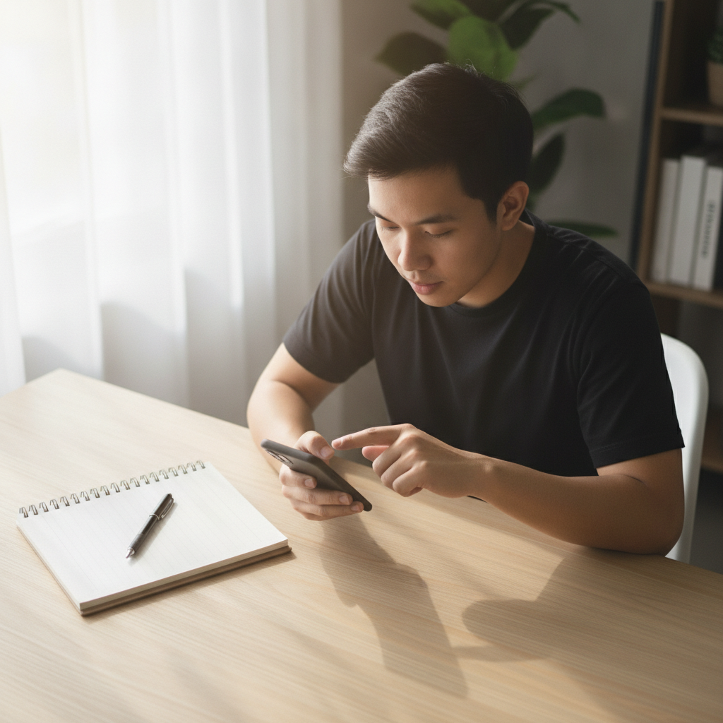 Filipino player holding smartphone ready to start online casino registration at home